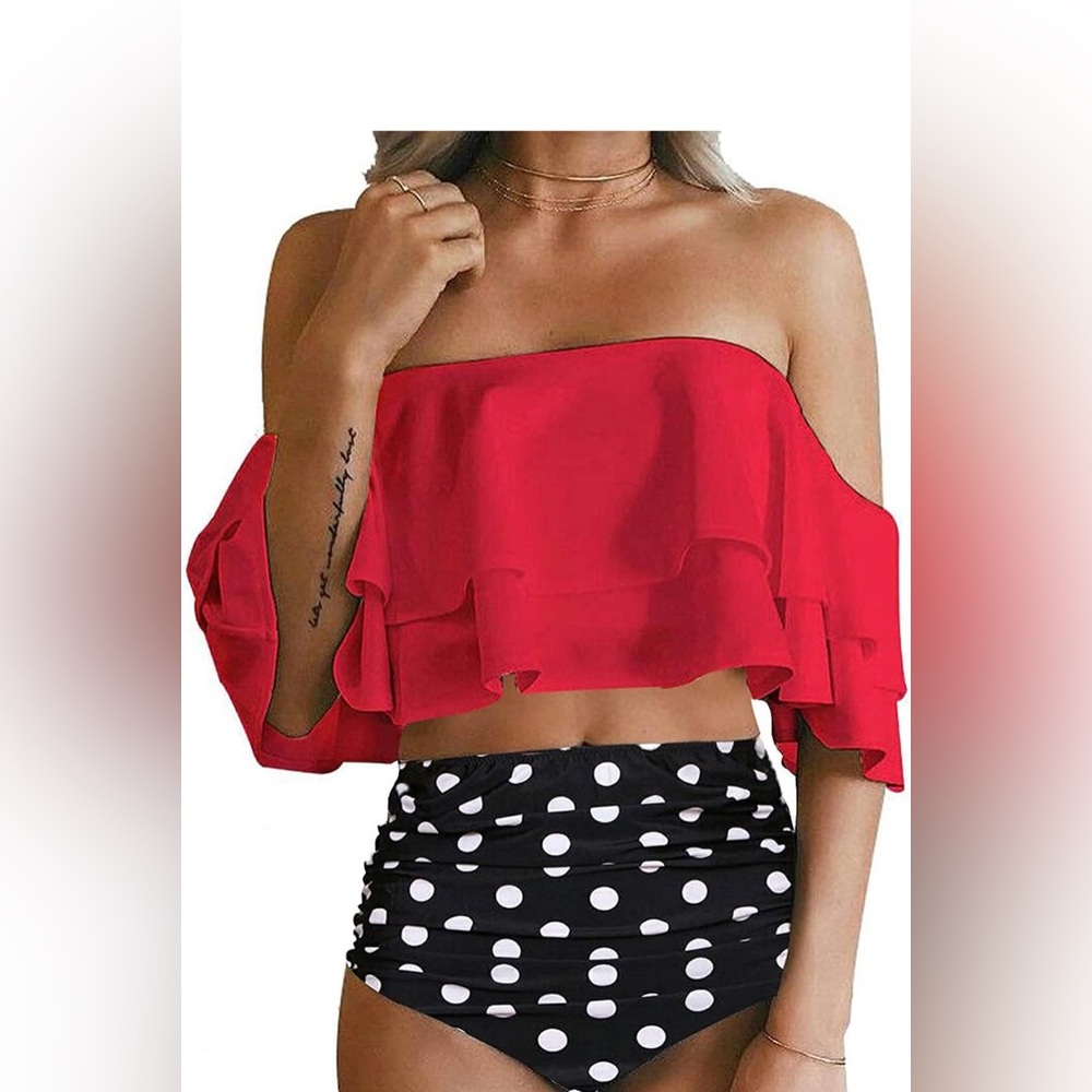 Tempt Me Two Piece High Waisted Bikini Red Black White Dots Size Medium